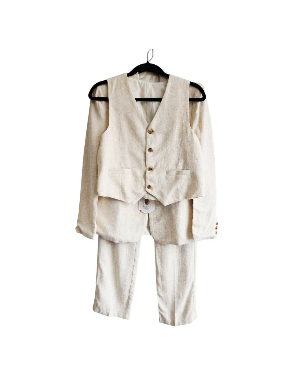 Three-Piece Boys Beige Linen Suit Blazer Vest & Pants Size 14